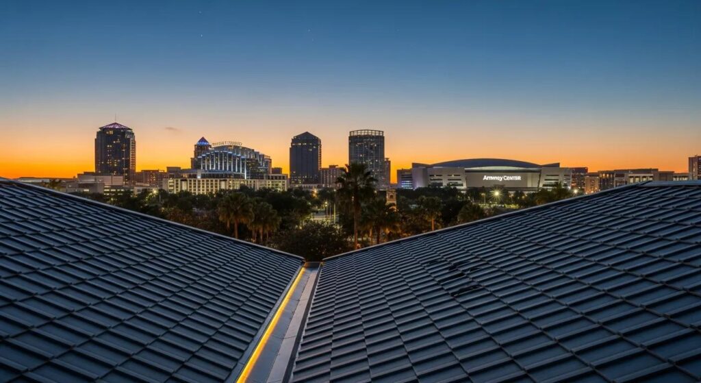 City skyline at sunset with modern buildings and rooftops, highlighting quality roofing solutions relevant to American Masters Roofing & Restoration services.