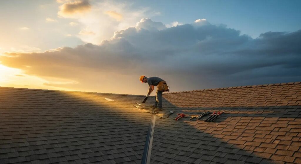 Roofer repairing shingles on a residential roof at sunset, showcasing expert roofing services related to home safety and maintenance in Melbourne, FL.