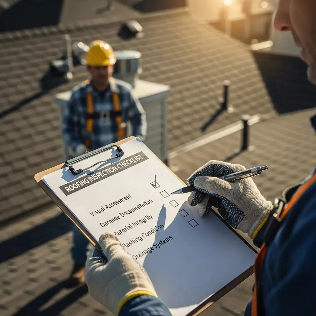 Professional conducting roofing inspection with checklist, assessing visual components and documenting damage on rooftop in Melbourne, FL.