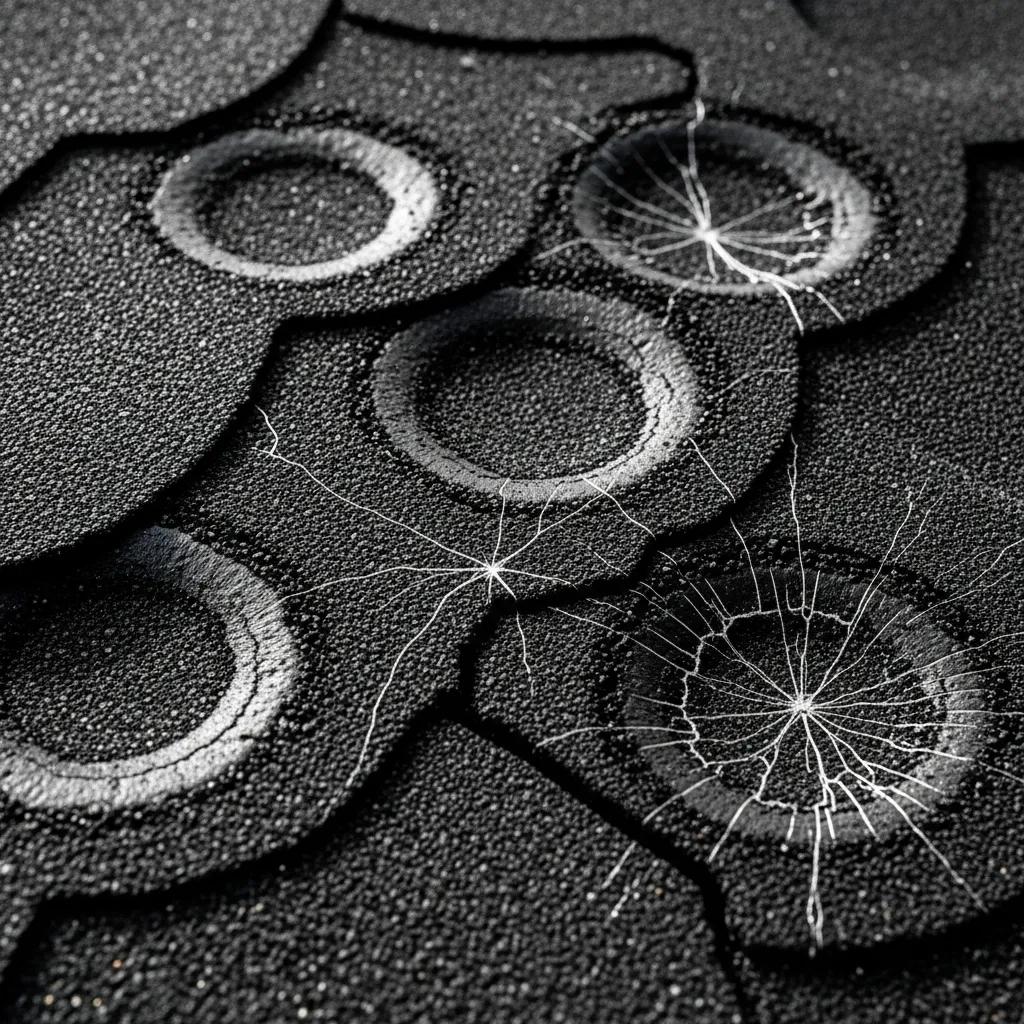 Close-up of hail damage on roof shingles, featuring visible dents, cracks, and granule loss indicative of compromised roofing materials.