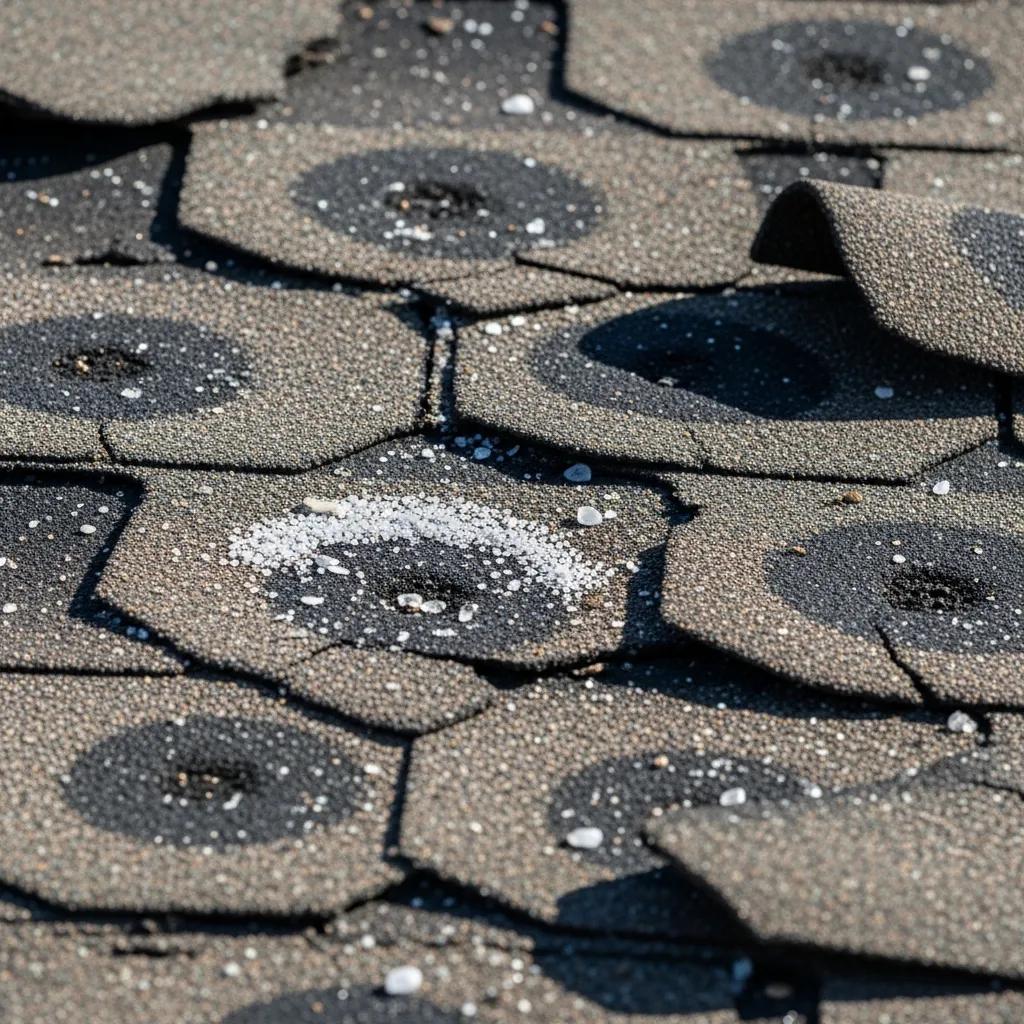 Close-up of a roof showing signs of hail damage, including missing shingles, granule loss, and visible indentations on shingles, highlighting the need for professional roofing inspection and repair in Melbourne, FL.