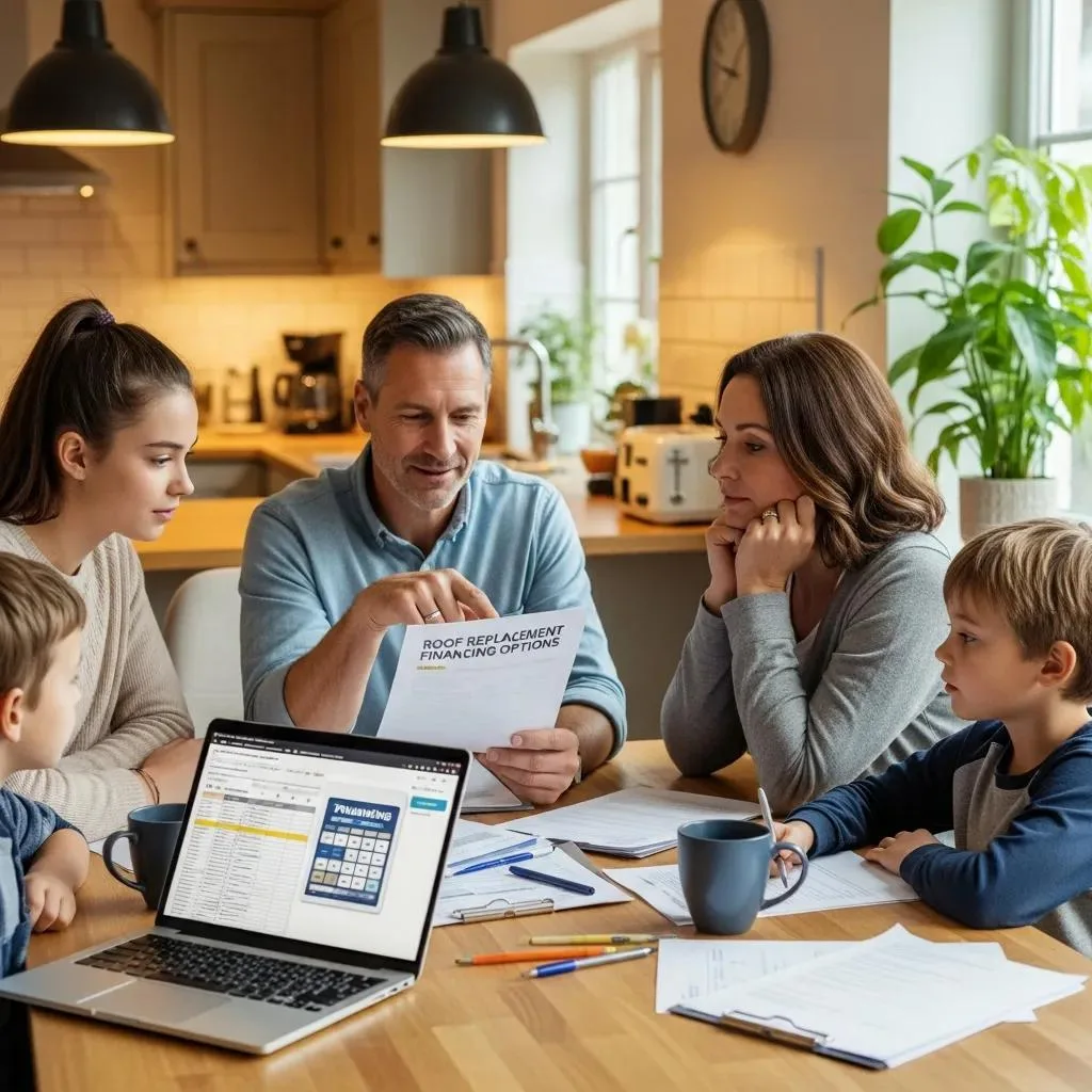 Family discussing roof replacement financing options at home, with documents and a laptop displaying financial calculations.