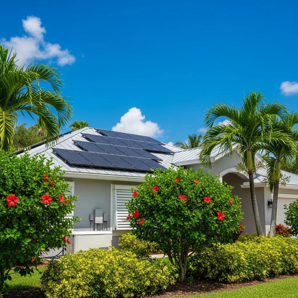 Florida home with a strong roof featuring solar panels, surrounded by vibrant greenery and tropical plants, emphasizing hurricane preparedness and safety.