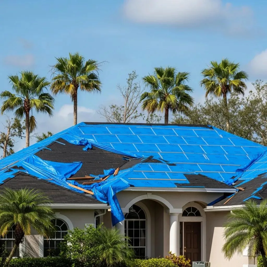 Florida home with storm-damaged roof covered in blue tarp, illustrating insurance claim process for roof replacement.