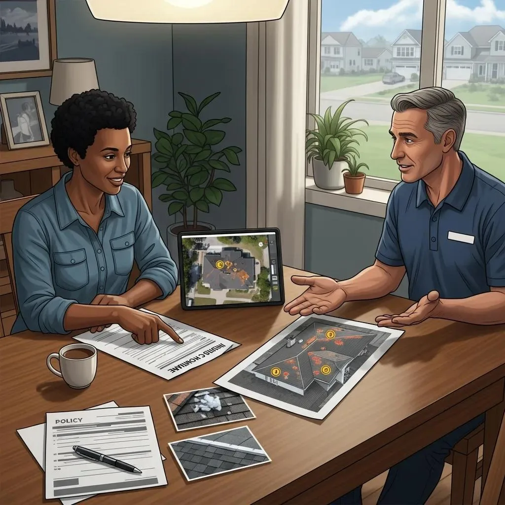 Homeowner and contractor discussing hail damage roof repair, reviewing insurance claims, examining documents and roof inspection images, with a focus on effective communication and assessment.