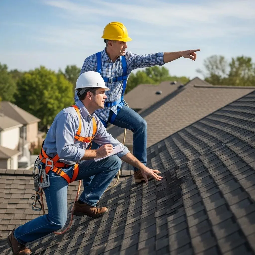 Homeowner and insurance adjuster discussing roof damage on residential roof, emphasizing collaboration and assessment for insurance claims in Florida.
