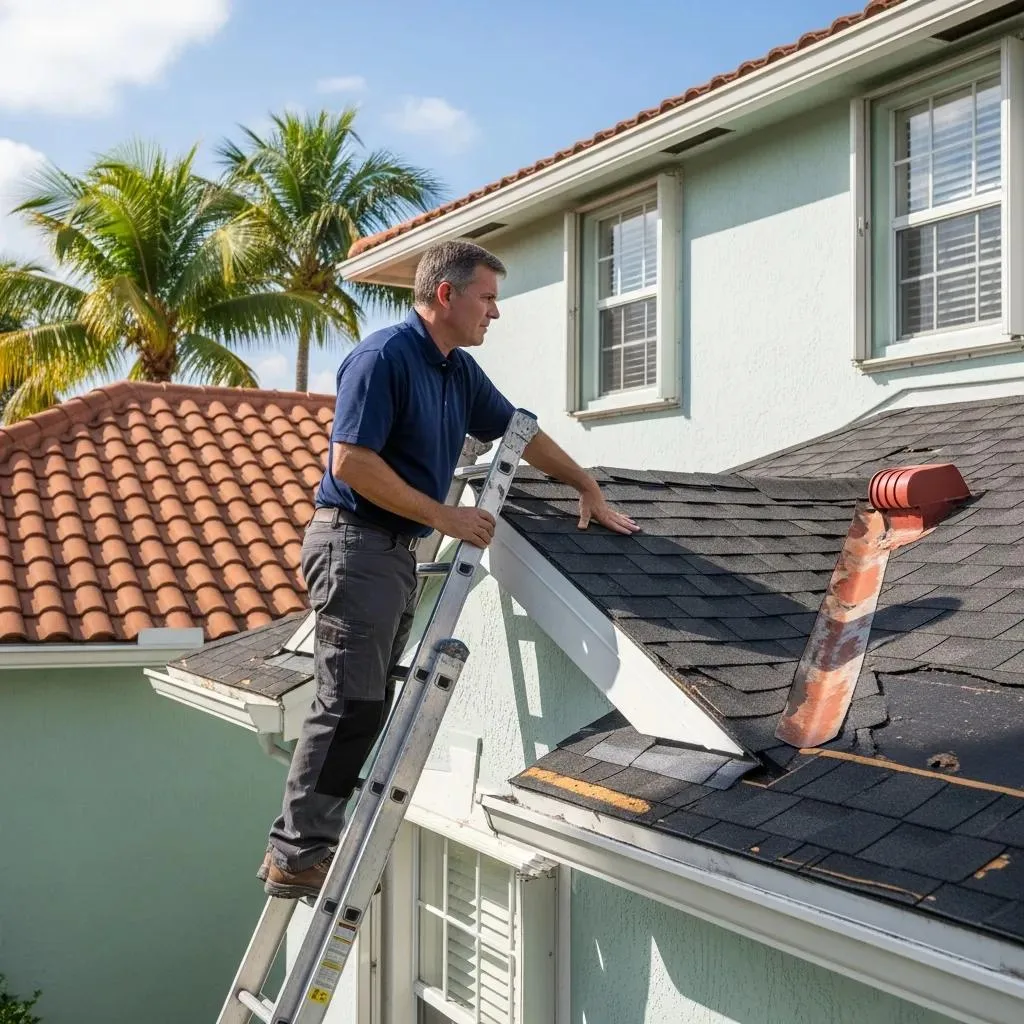 Homeowner inspecting roof for damage and maintenance, focusing on shingles and ventilation, with tropical palm trees in background, in Florida's climate.