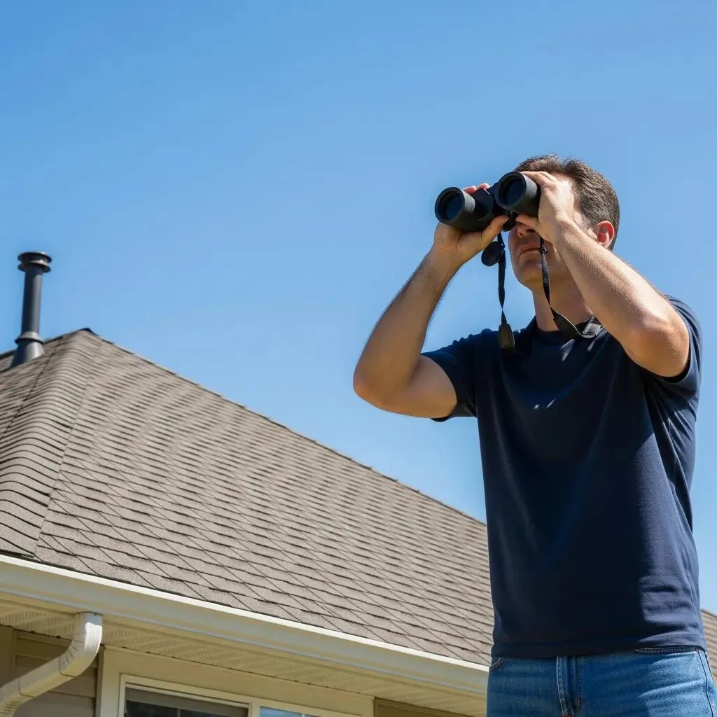 Homeowner inspecting roof for hail damage using binoculars under clear blue sky, emphasizing the importance of roof inspections after storms for insurance claims.