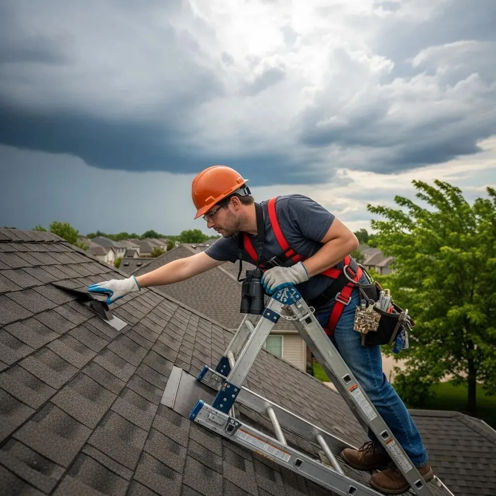 Roof inspector in safety gear examining shingles for vulnerabilities, preparing for hurricane season, with dark storm clouds in the background.