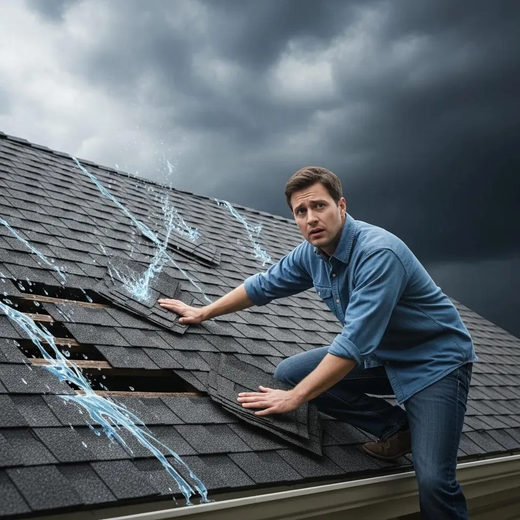 Homeowner inspecting storm-damaged roof with visible leaks, highlighting the impact of storm damage on roof replacement in Melbourne, Florida.