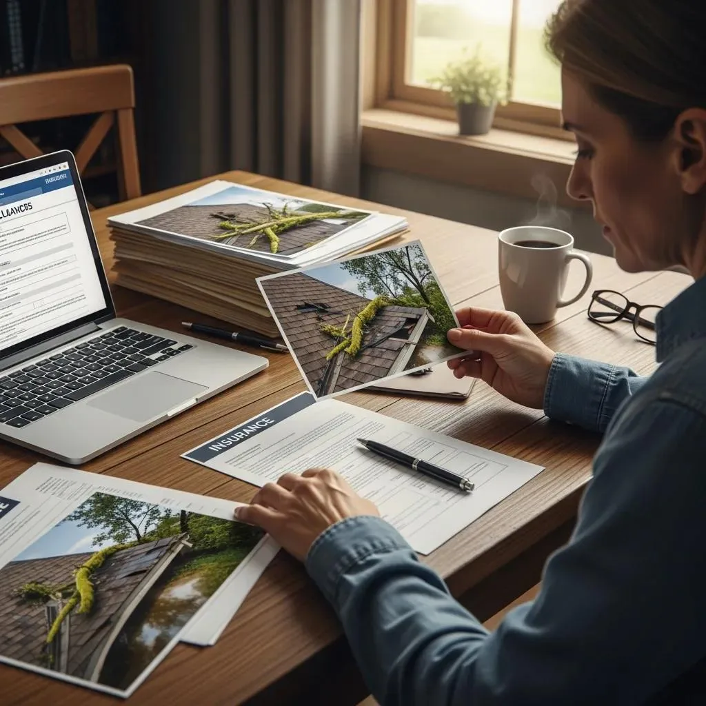 Woman reviewing roof damage photos while preparing insurance claim documents on a wooden table, laptop and coffee cup nearby, emphasizing storm damage recovery process.