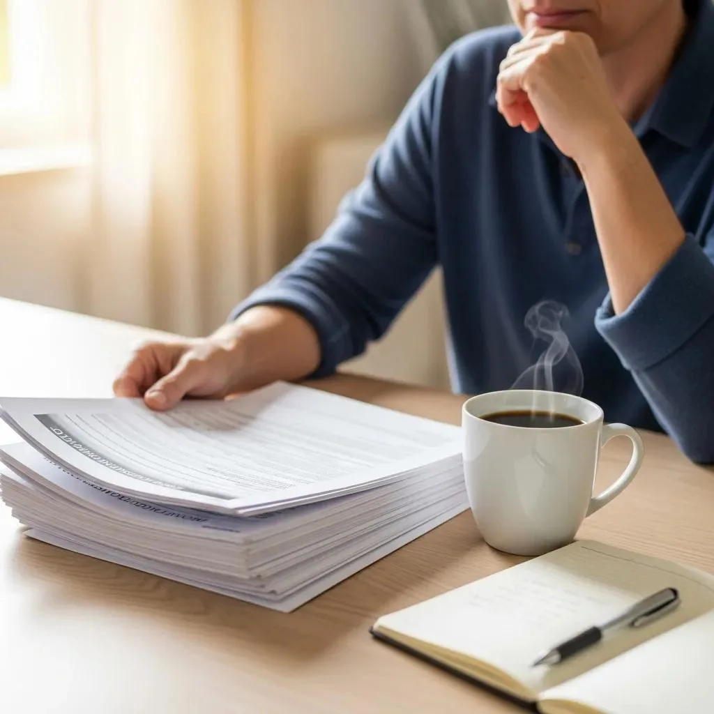 Homeowner reviewing roof insurance policy documents with coffee cup and notes, emphasizing understanding of insurance claims process for roof replacement in Florida.