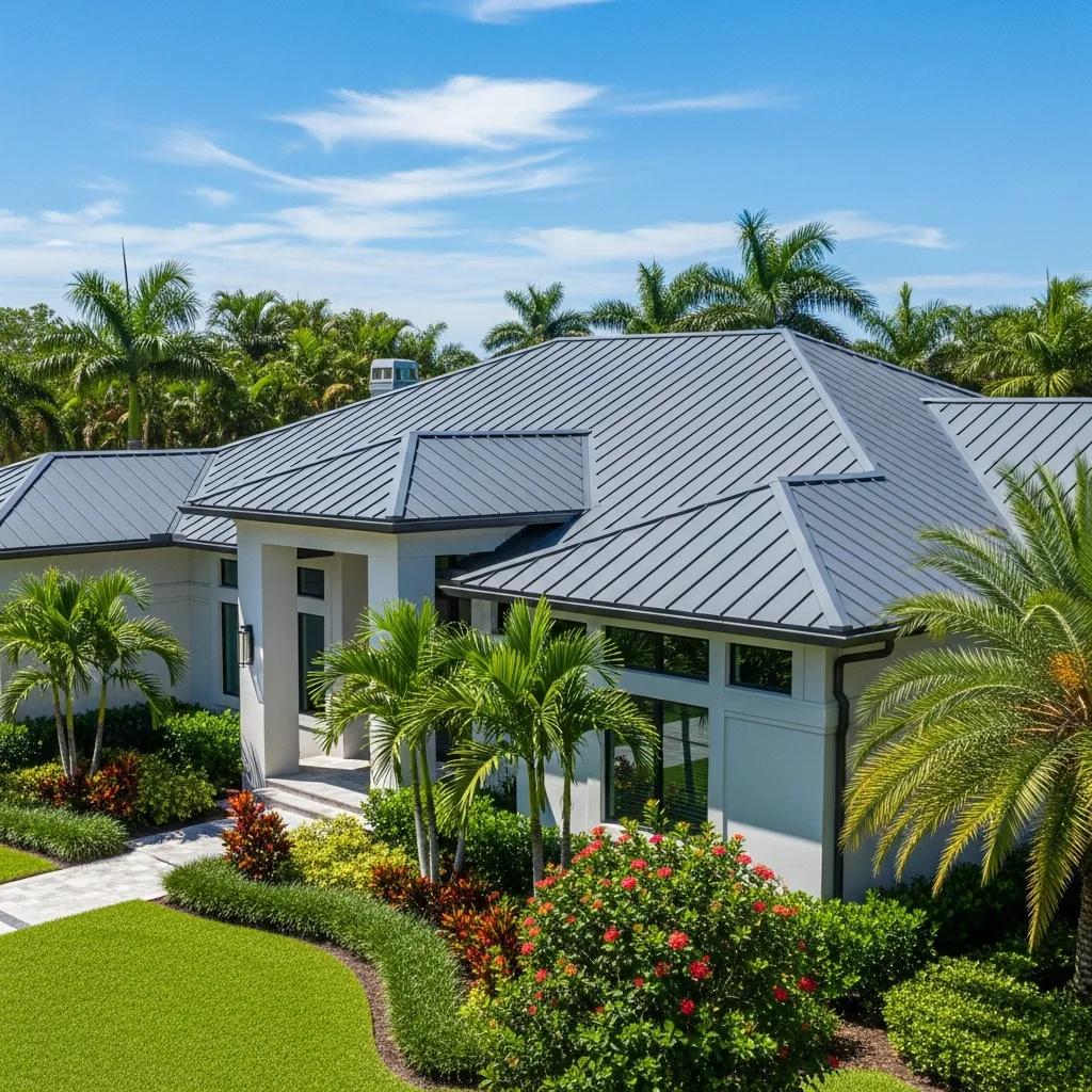 Modern Florida home featuring hail-resistant metal roofing surrounded by lush landscaping and clear blue sky, showcasing durability and style in roofing solutions.