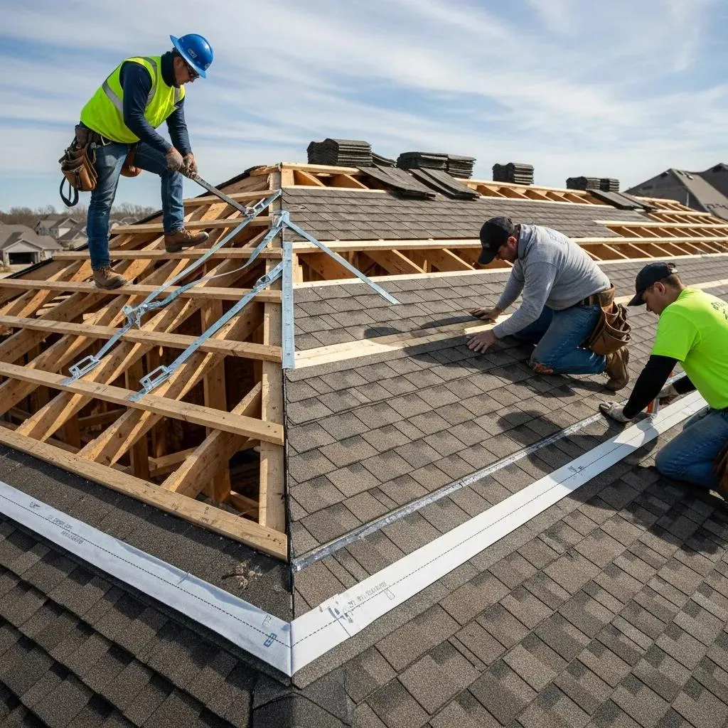 Roofing professionals installing hurricane straps and high-wind rated materials on a residential roof, emphasizing hurricane preparedness in Florida.