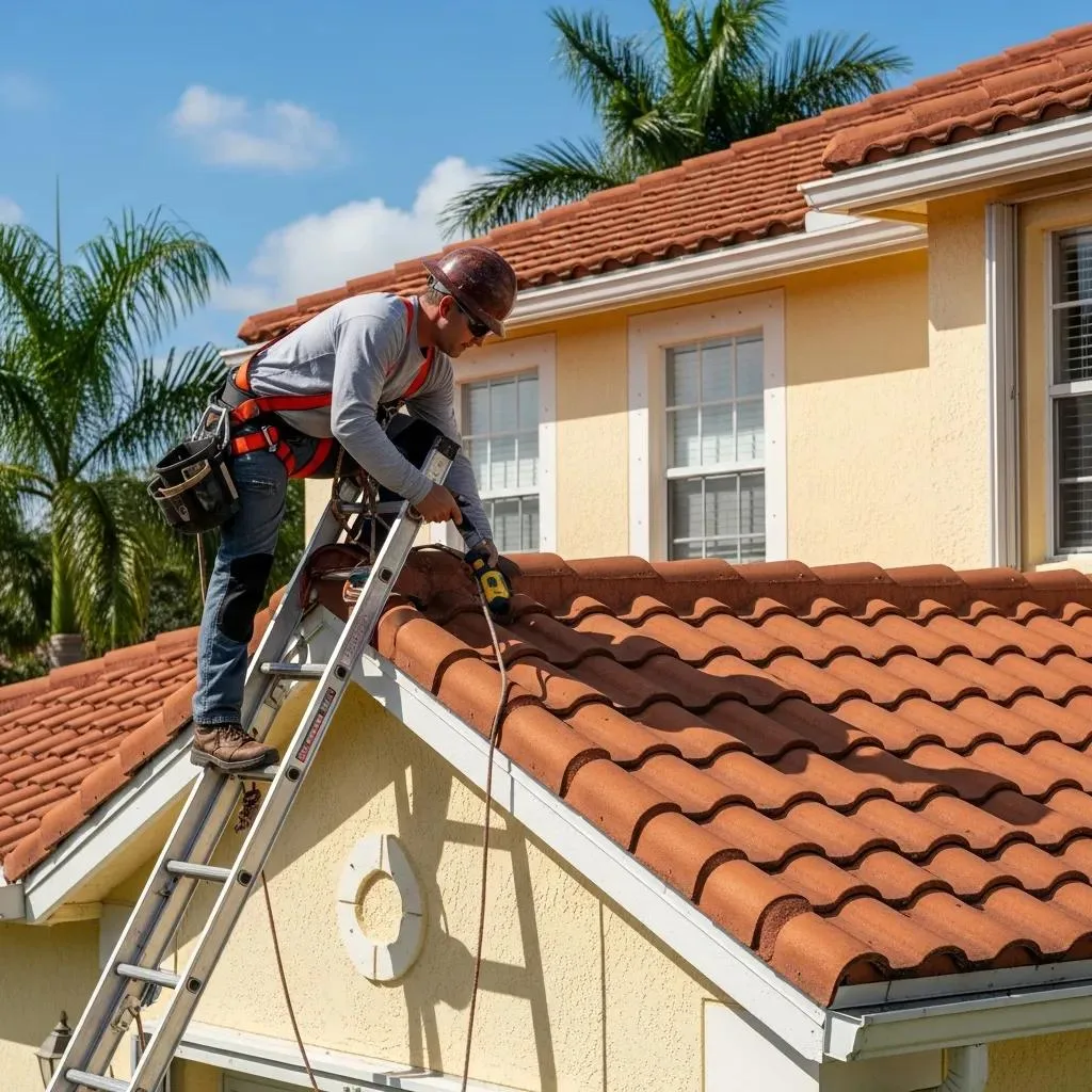 Professional roofer inspecting residential tile roof for potential hail damage, utilizing tools on a ladder, surrounded by palm trees and a yellow house.