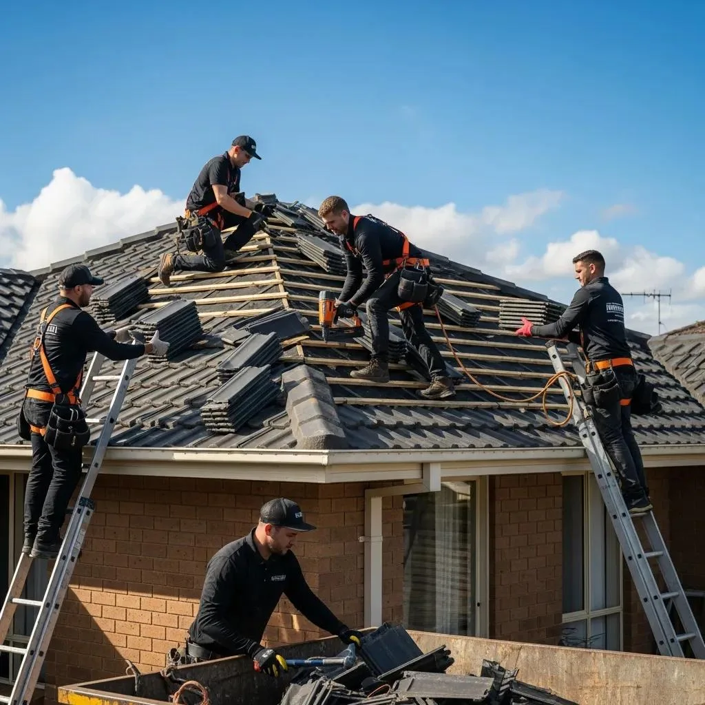 Professional roofing team replacing tiles on a residential roof in Melbourne, showcasing expertise and reliability in roof replacement services.