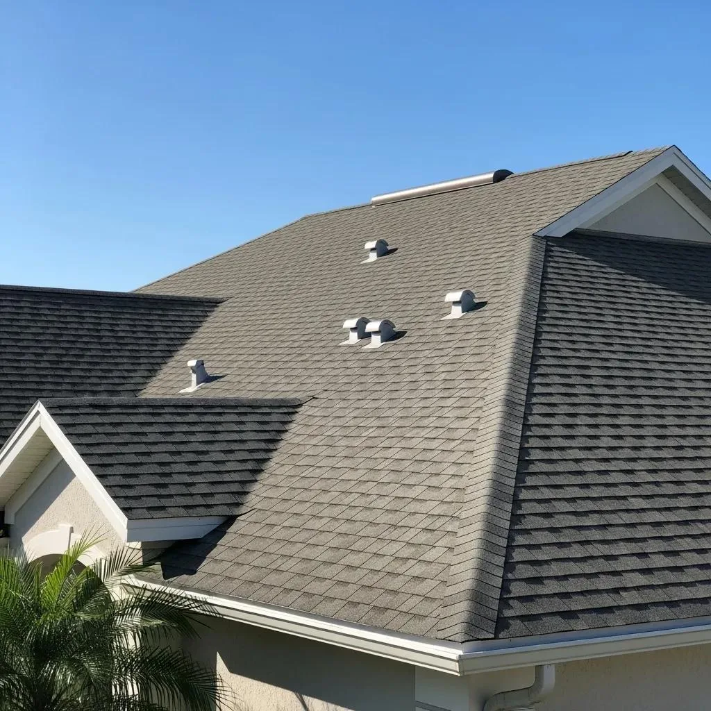 Residential roof in Melbourne, FL, featuring asphalt shingles and ventilation pipes, highlighting the importance of roof maintenance and replacement services.