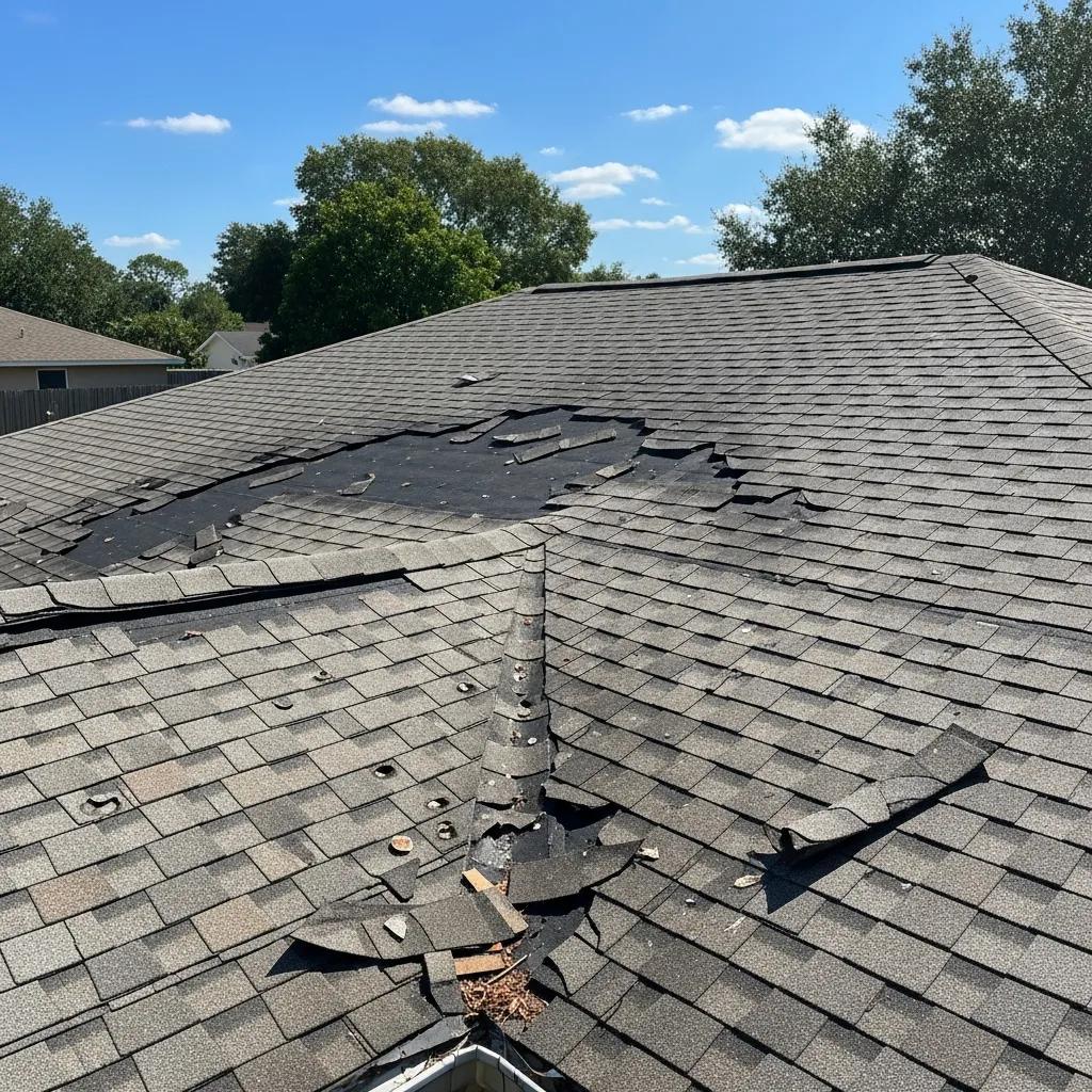 Residential roof in Melbourne, FL, showing significant hail damage with missing shingles and exposed underlayment, illustrating the need for professional roofing repairs.