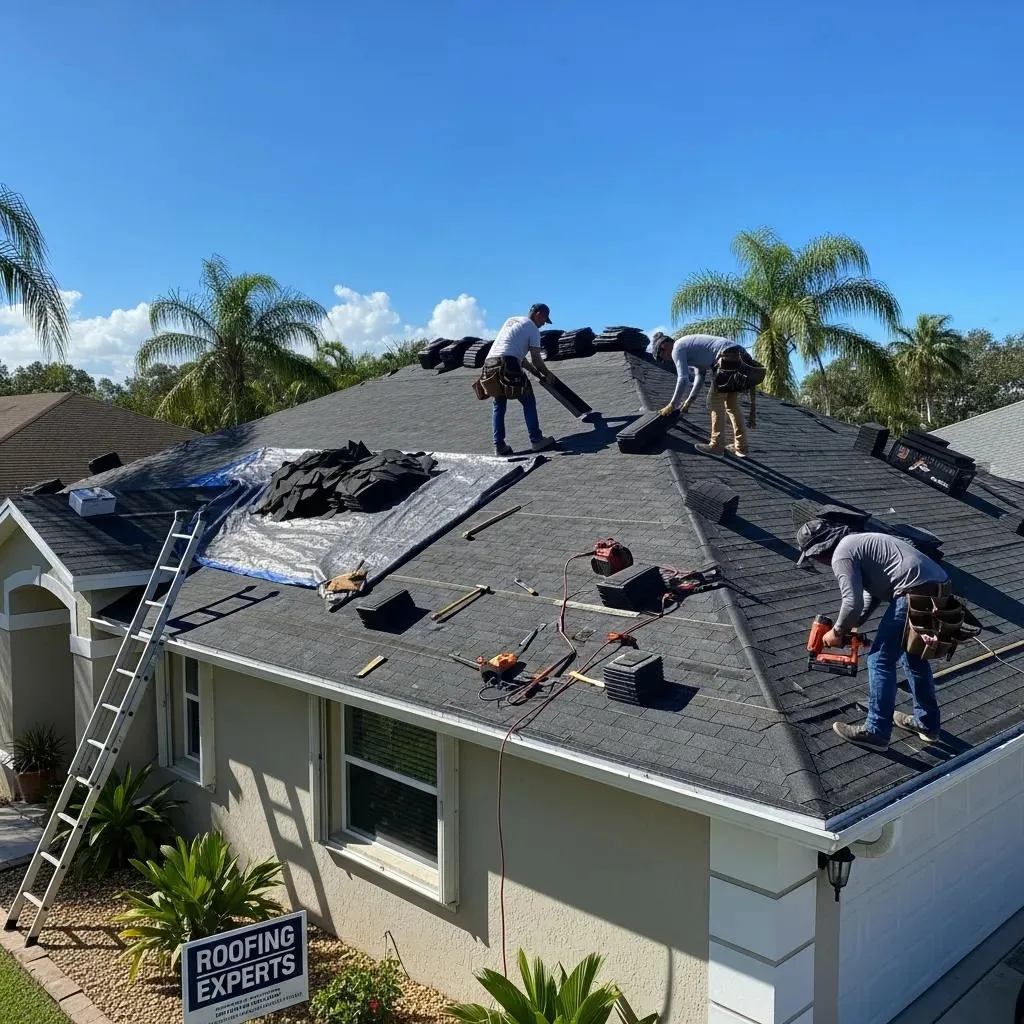 Workers installing new roofing materials on a residential roof in Melbourne, FL, showcasing roofing tools, equipment, and a clear blue sky.
