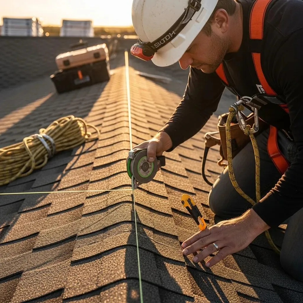 Roofing contractor measuring and inspecting newly installed shingles on a roof, emphasizing quality workmanship and attention to detail.