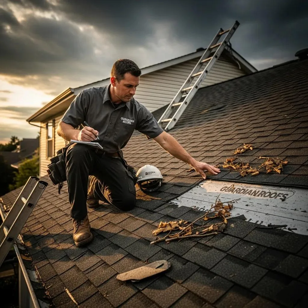 Roofing professional inspecting storm damage on residential roof in Melbourne, FL, noting debris and wear, emphasizing importance of regular inspections for homeowners.