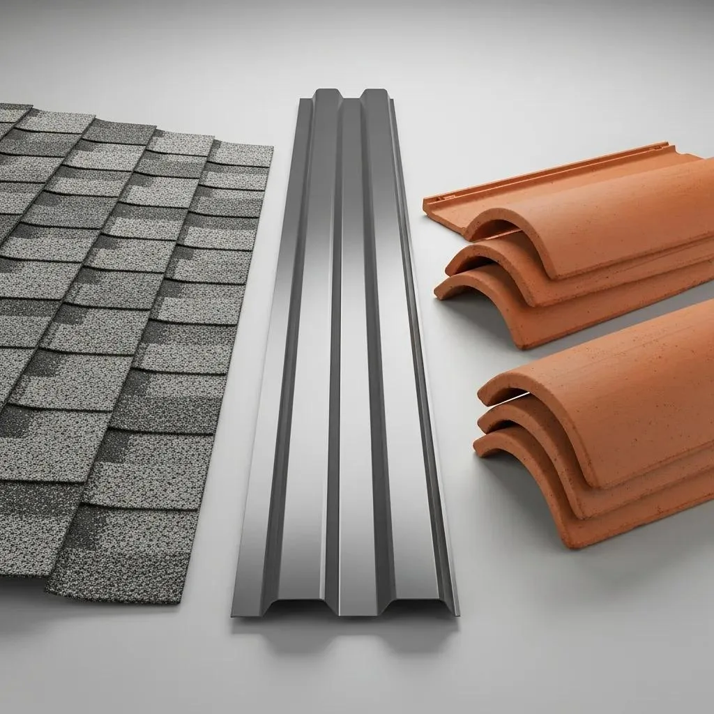 Variety of roofing materials including asphalt shingles, metal roofing panels, and clay tiles, highlighting options for cost-effective roofing solutions for Florida homes.