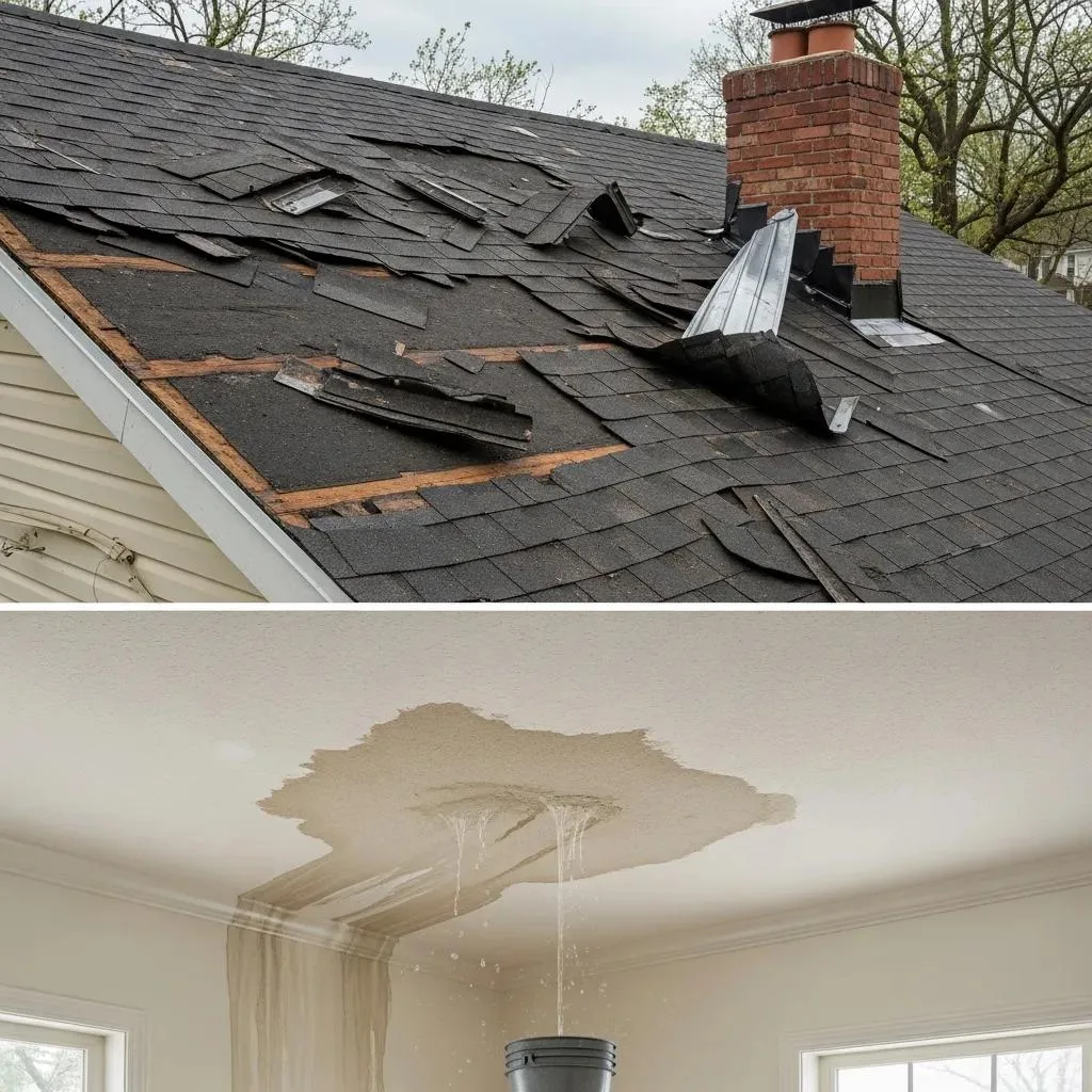 Roof with missing shingles and exposed underlayment due to storm damage, showing water intrusion signs with a ceiling leak and bucket for collection.