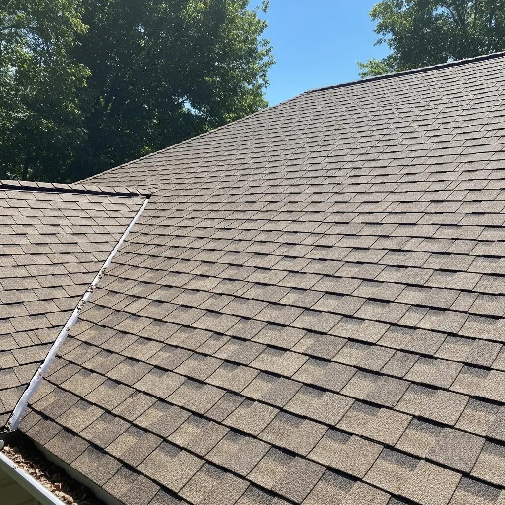 Asphalt shingle roof showcasing textured surface and color under sunlight, highlighting durability and quality craftsmanship relevant to roofing services.