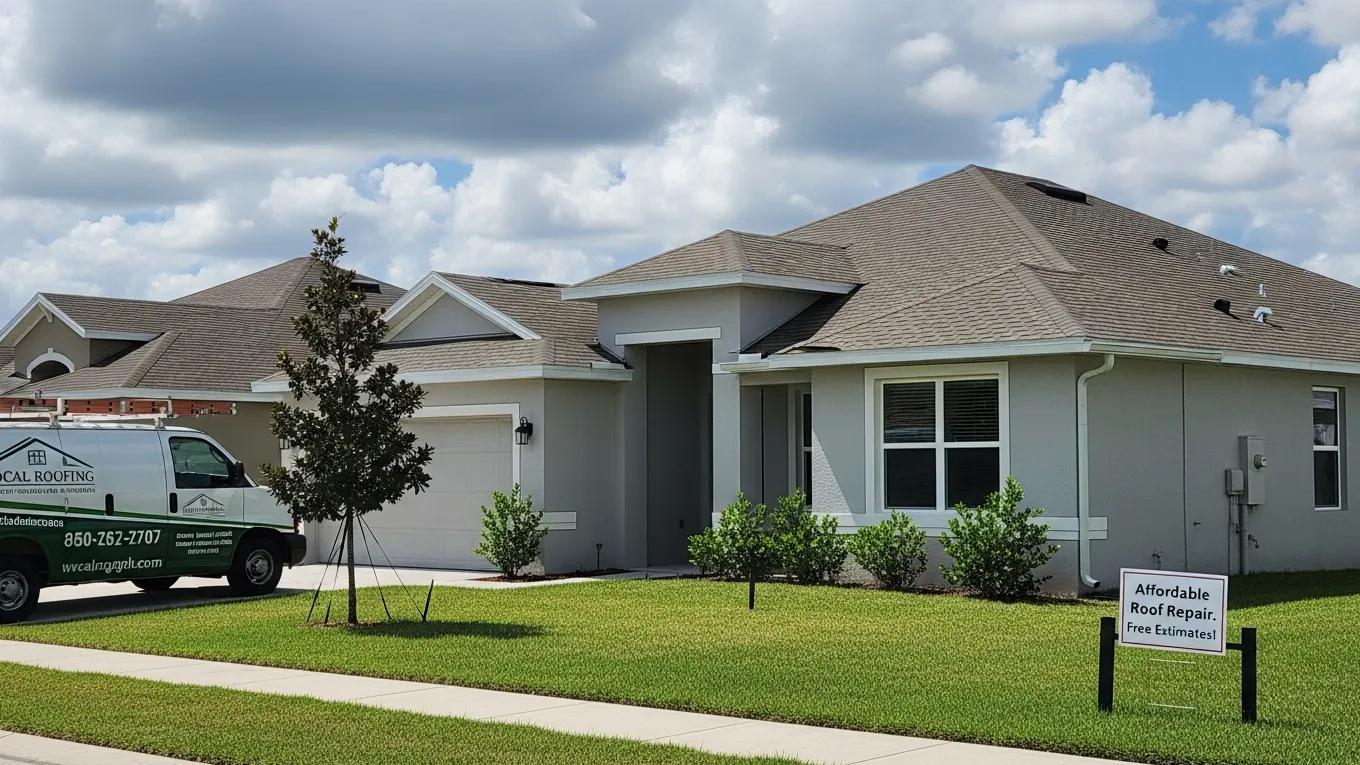 Affordable roof repair service van parked in front of a residential home in Palm Bay, showcasing a well-maintained roof and a sign advertising "Affordable Roof Repair" with "Free Estimates."