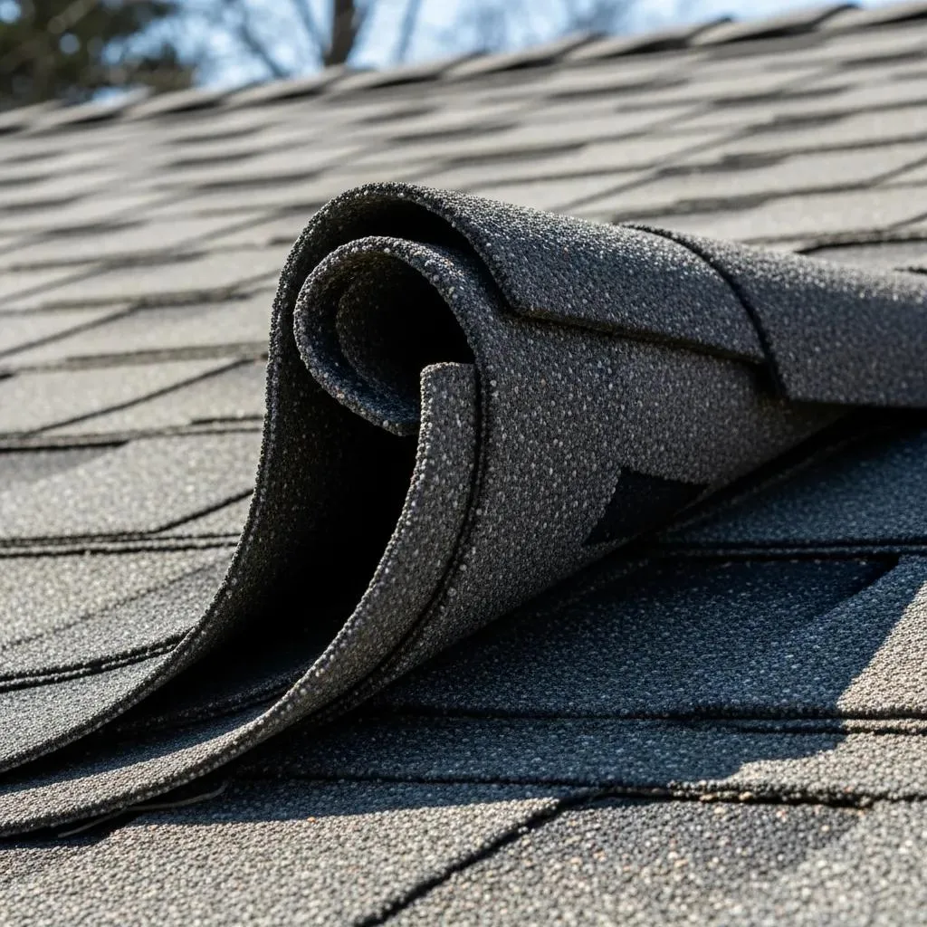 Close-up showing curled asphalt shingle edges and lipping