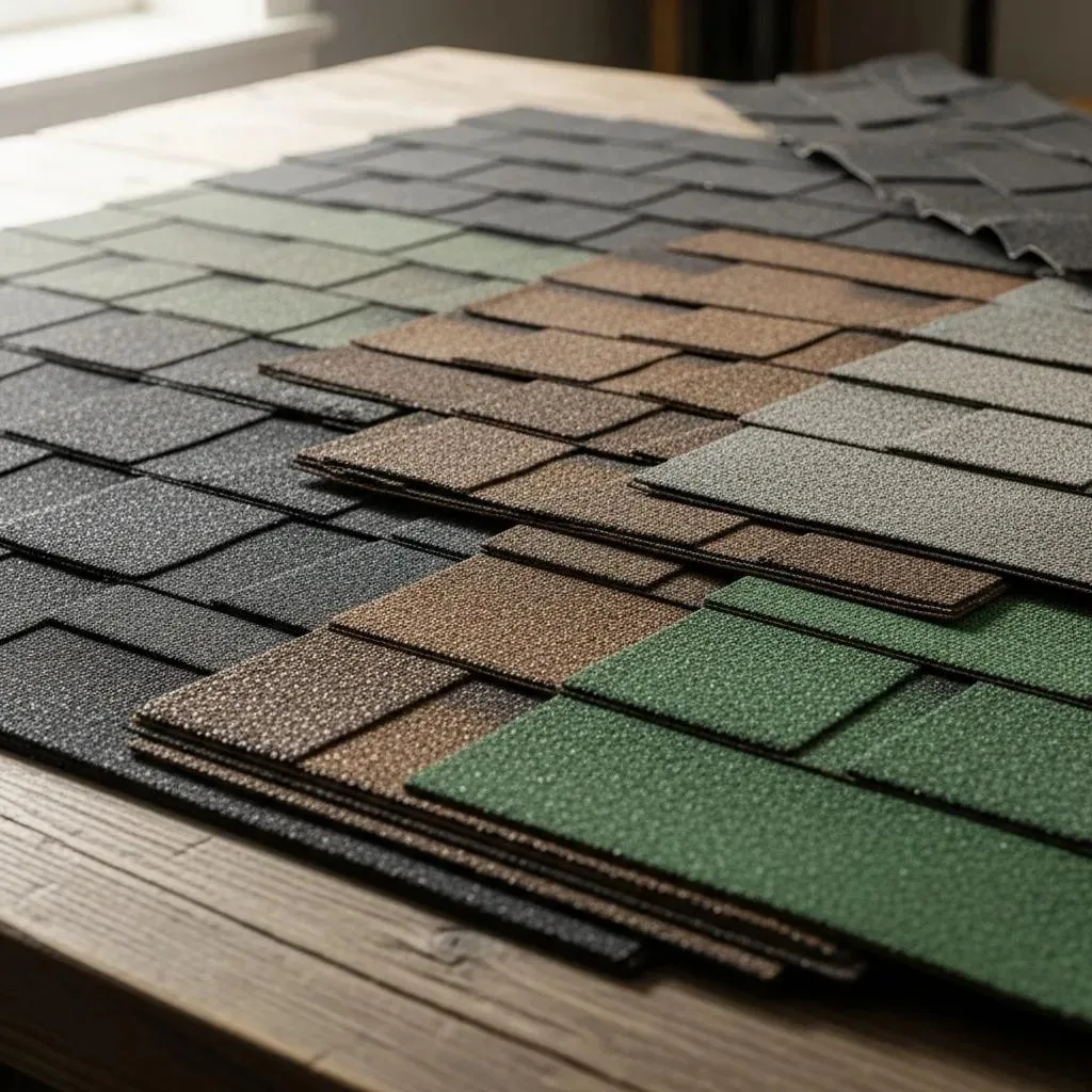 Close-up of various asphalt shingle samples in different colors and textures, highlighting options for durable roof replacements in Florida.