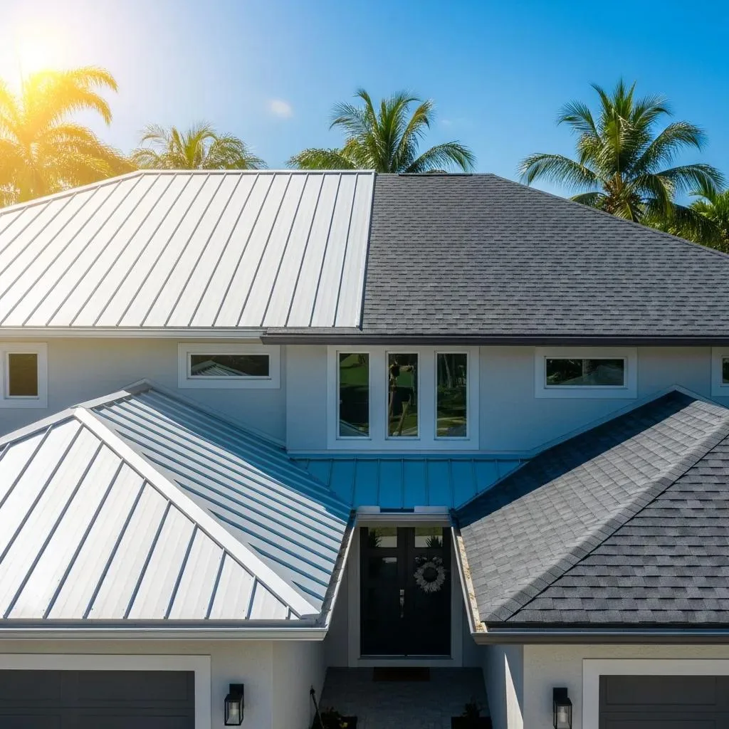 Metal roofing and asphalt shingles on a West Palm Beach home, showcasing contrasting roofing materials under bright sunlight with tropical palm trees in the background.
