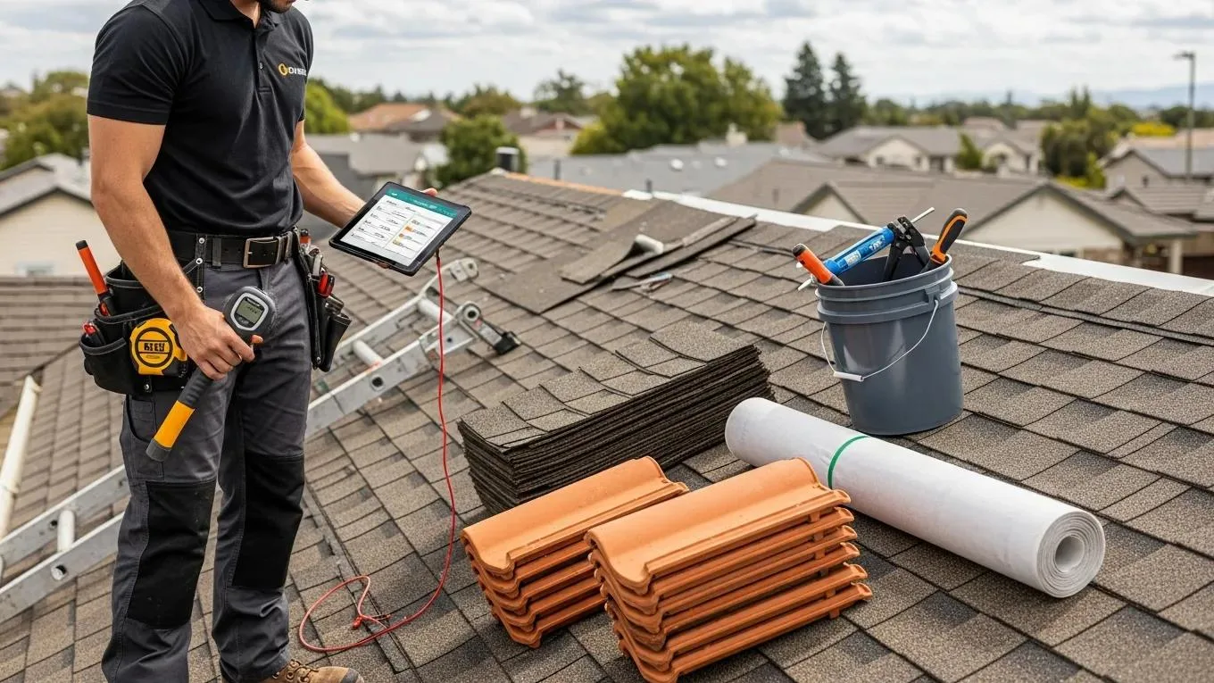 Contractor inspecting a roof with roofing materials, tablet for cost estimates, and tools, illustrating affordable roof repair options in Palm Bay.