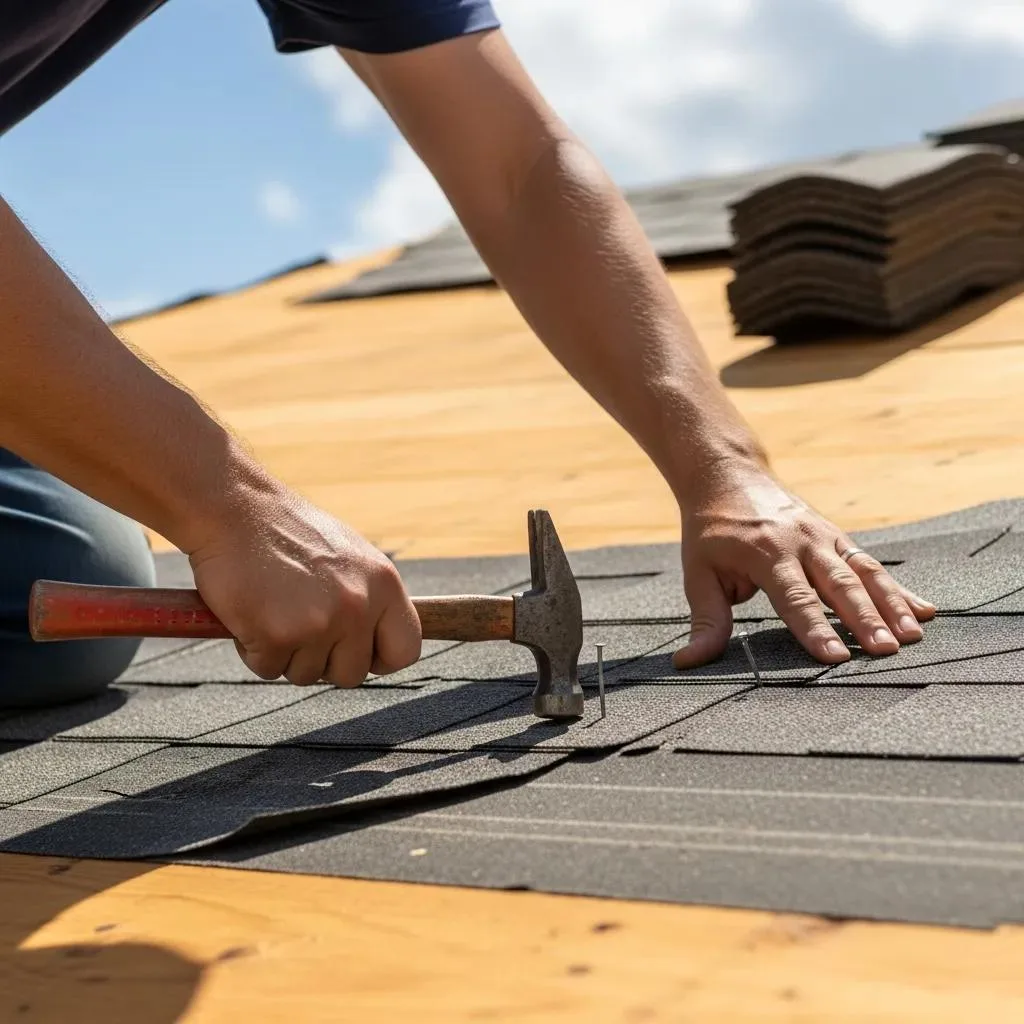Contractor replacing damaged shingles during roof repair in Boynton Beach