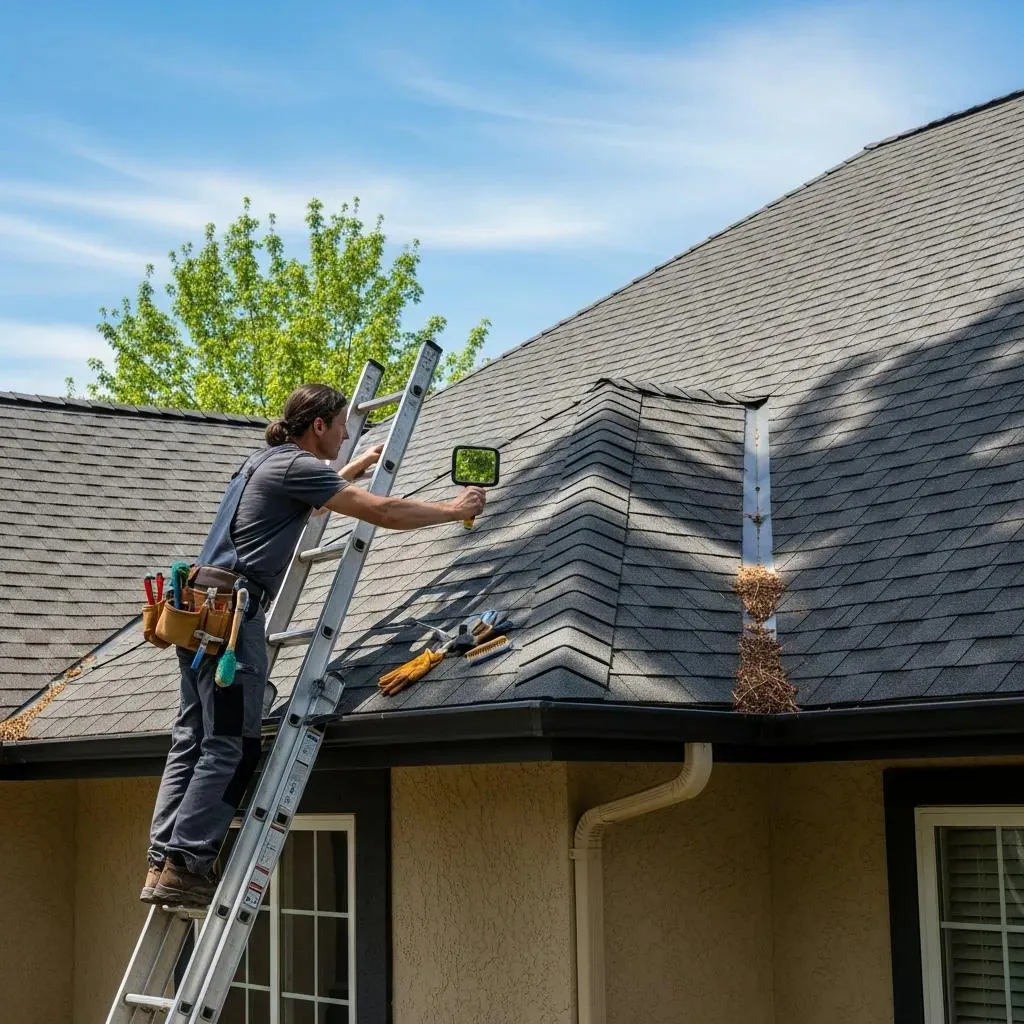 Homeowner inspecting roof for signs of wear to prevent shingle issues