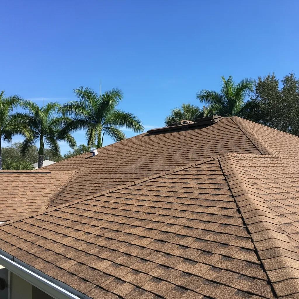 Newly installed asphalt shingle roof on a Florida home under a clear blue sky