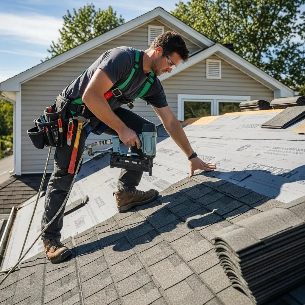 Professional contractor installing asphalt shingles on a roof, demonstrating expertise in roofing installation with tools and safety gear, emphasizing quality craftsmanship for durable roofing solutions in Florida.