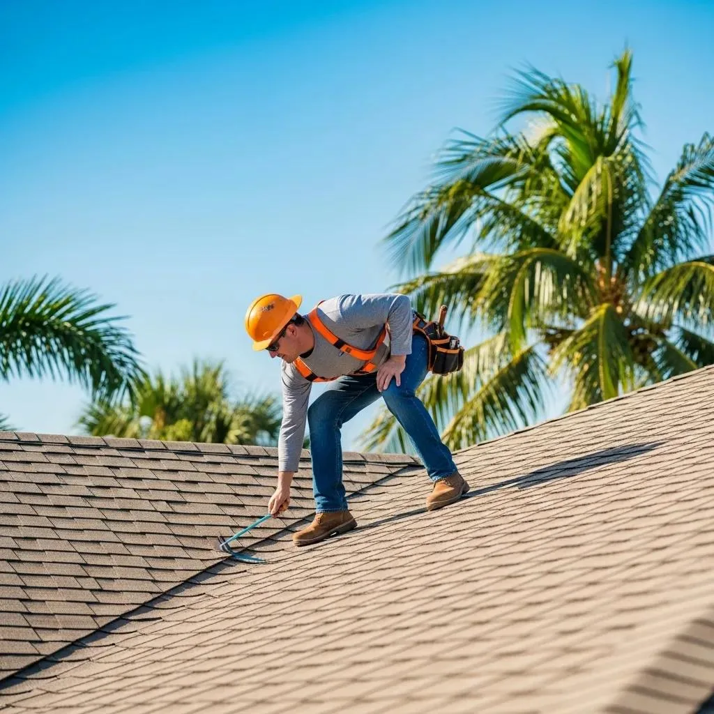 Professional roofer inspecting residential roof in Palm Beach Gardens, wearing safety gear and surrounded by palm trees, showcasing expertise in roofing services.