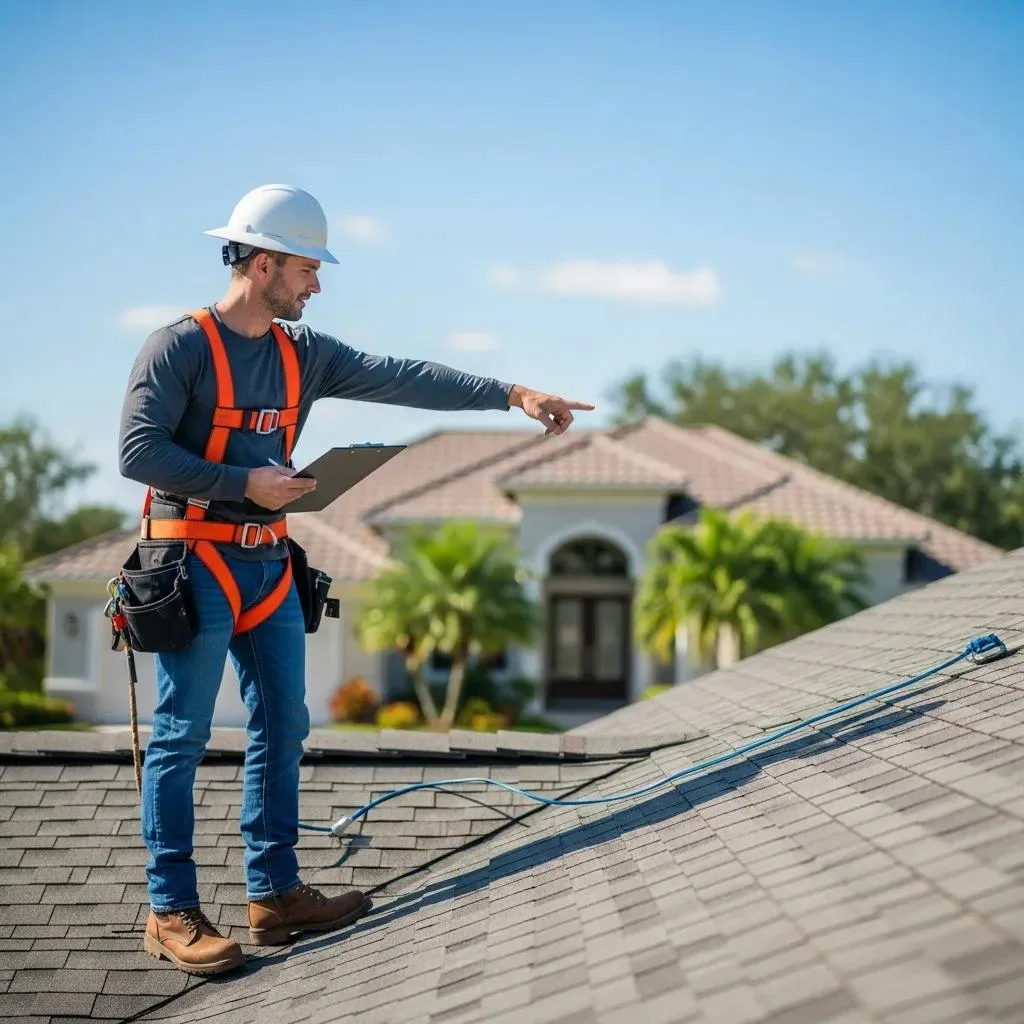 Professional roofer inspecting a residential roof in Wellington, FL, showcasing expert roofing services with safety gear and clipboard.