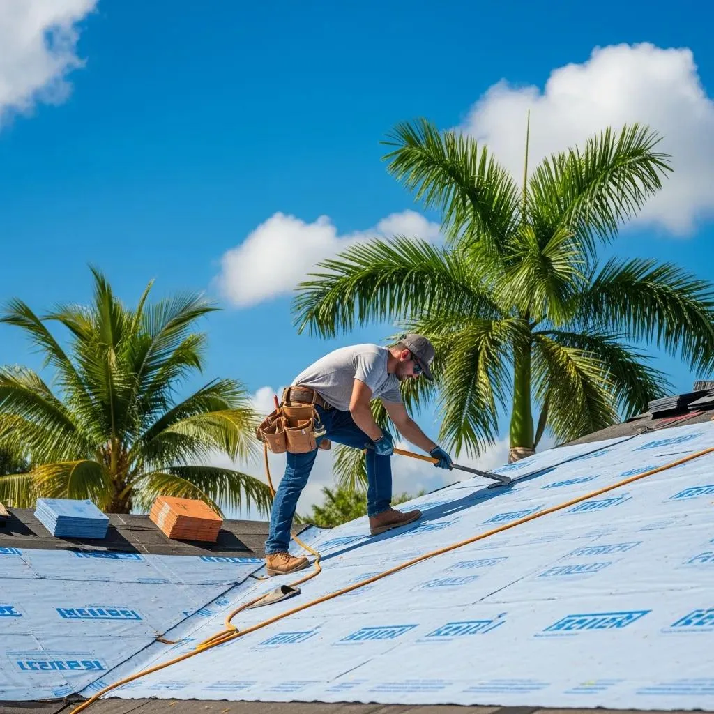 Professional roofer working on a residential roof in Delray Beach, Florida, applying roofing materials under a clear blue sky with palm trees in the background.