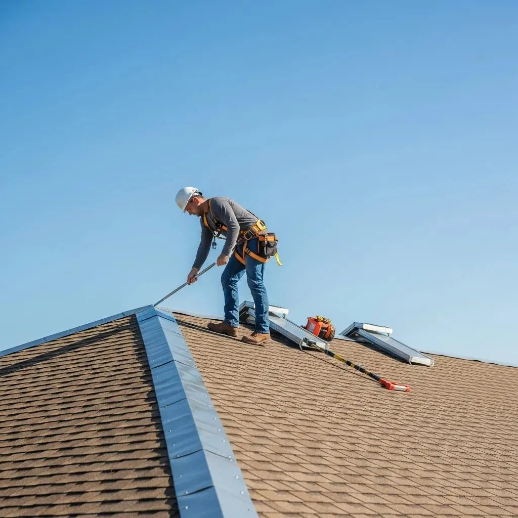 Professional roofing contractor inspecting a residential roof in Boynton Beach, Florida, with safety gear and tools, highlighting roofing services and maintenance.