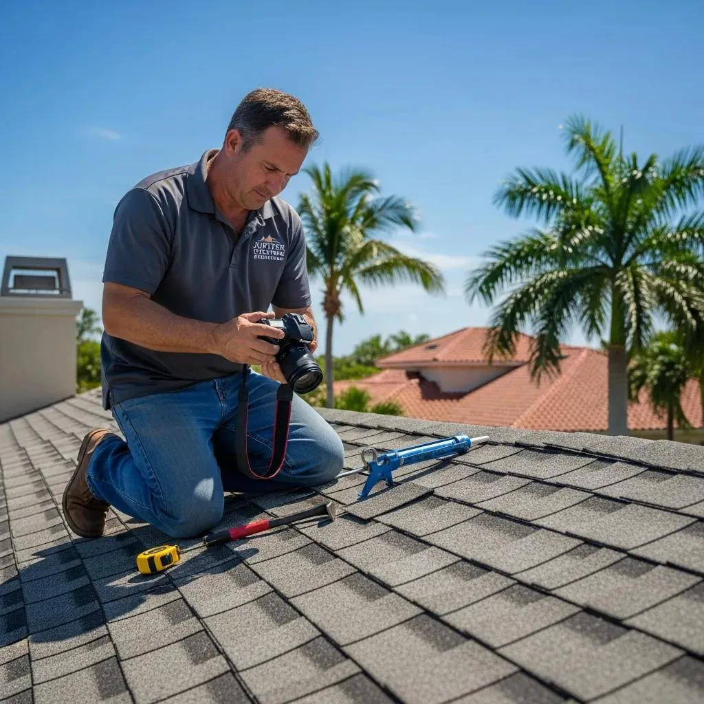 Professional roofing contractor inspecting residential roof in Jupiter, FL, using camera and tools, showcasing quality roofing services.
