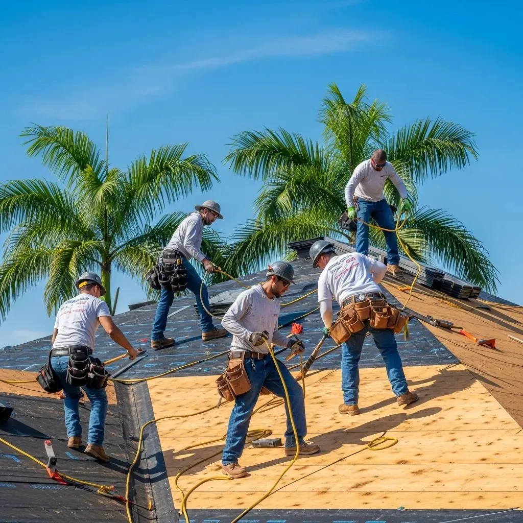 Professional roofing team working on residential roof installation in Lake Worth, FL, with palm trees in the background.
