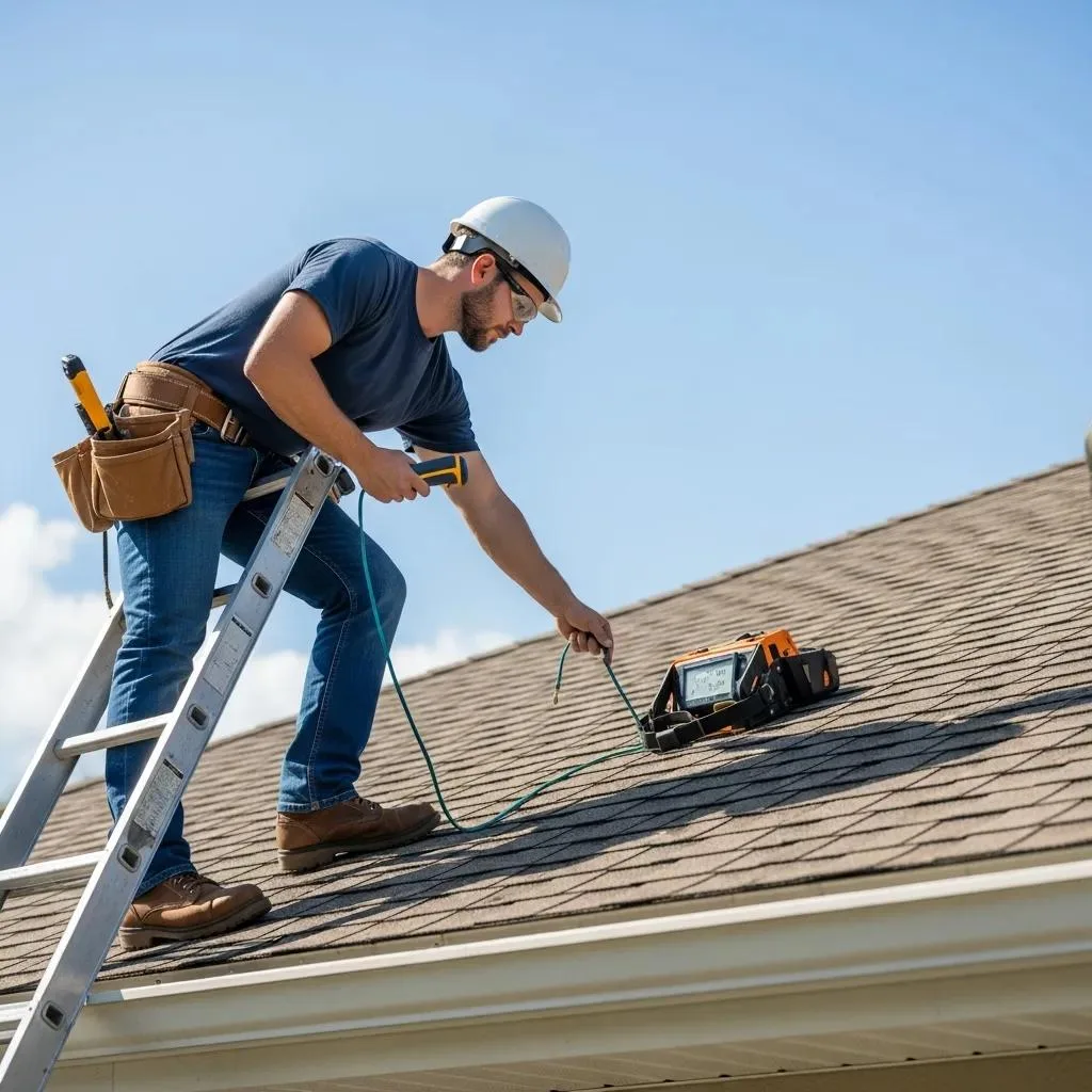 Professional roofing technician inspecting a roof for leaks using tools, in a sunny Florida setting, emphasizing roof leak detection and repair services.