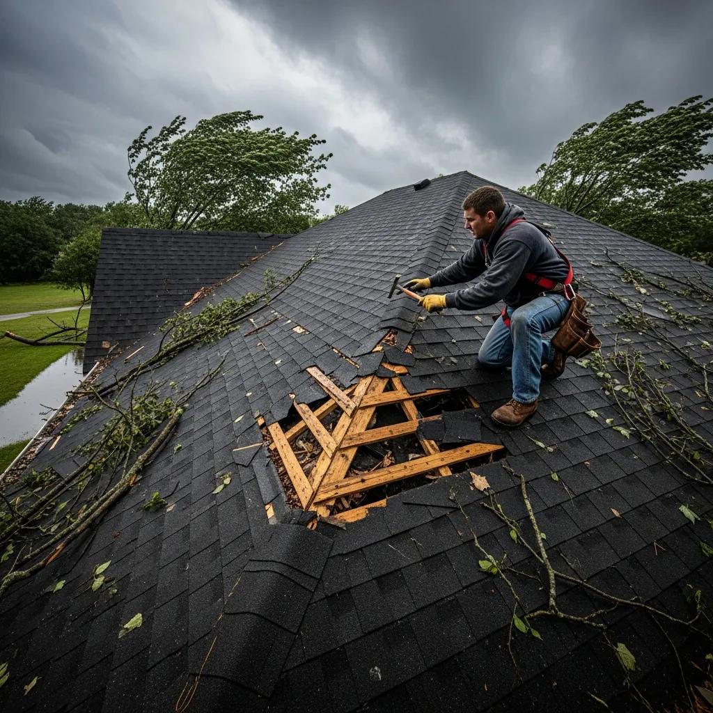 Roofer assessing storm damage on a roof, highlighting restoration expertise after severe weather