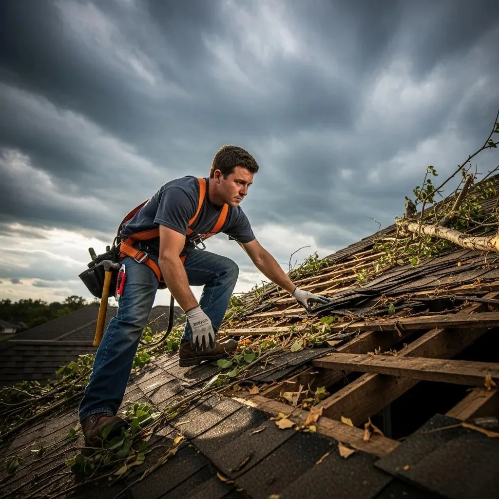 Roofer assessing storm damage on a roof, highlighting the urgency of emergency roof repair services