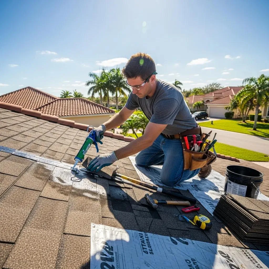 Roofer performing a leak repair on a residential roof, emphasizing the importance of timely roofing services