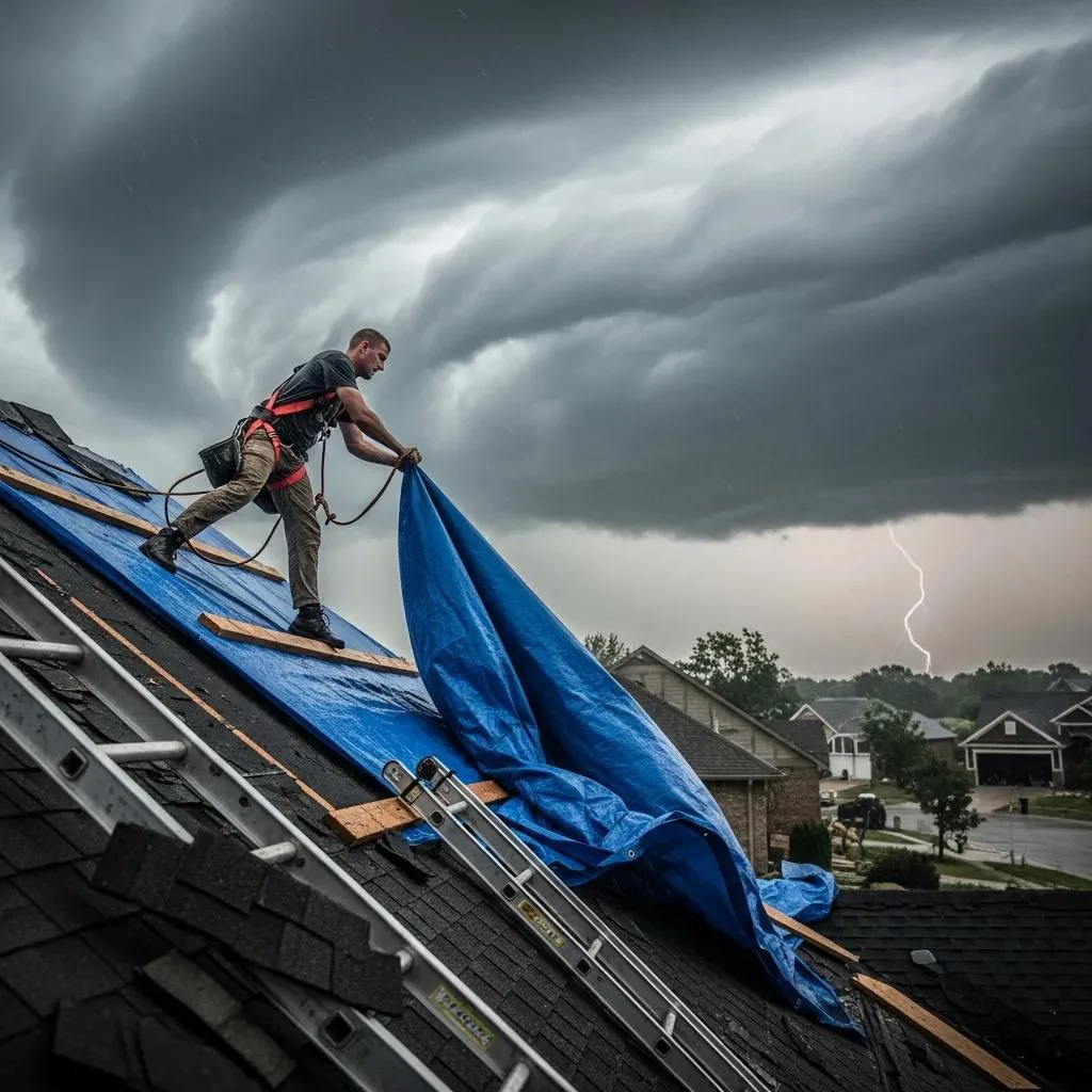 Roofing professional tarping a damaged roof during a storm emergency to prevent further water intrusion, with dark storm clouds and lightning in the background.