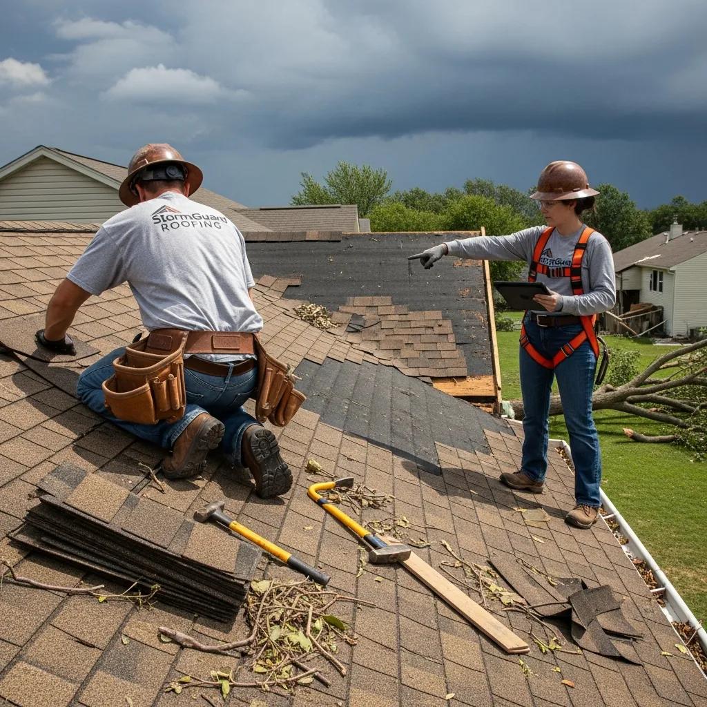 Roofing professionals repairing storm damage on a residential roof in Jupiter, FL