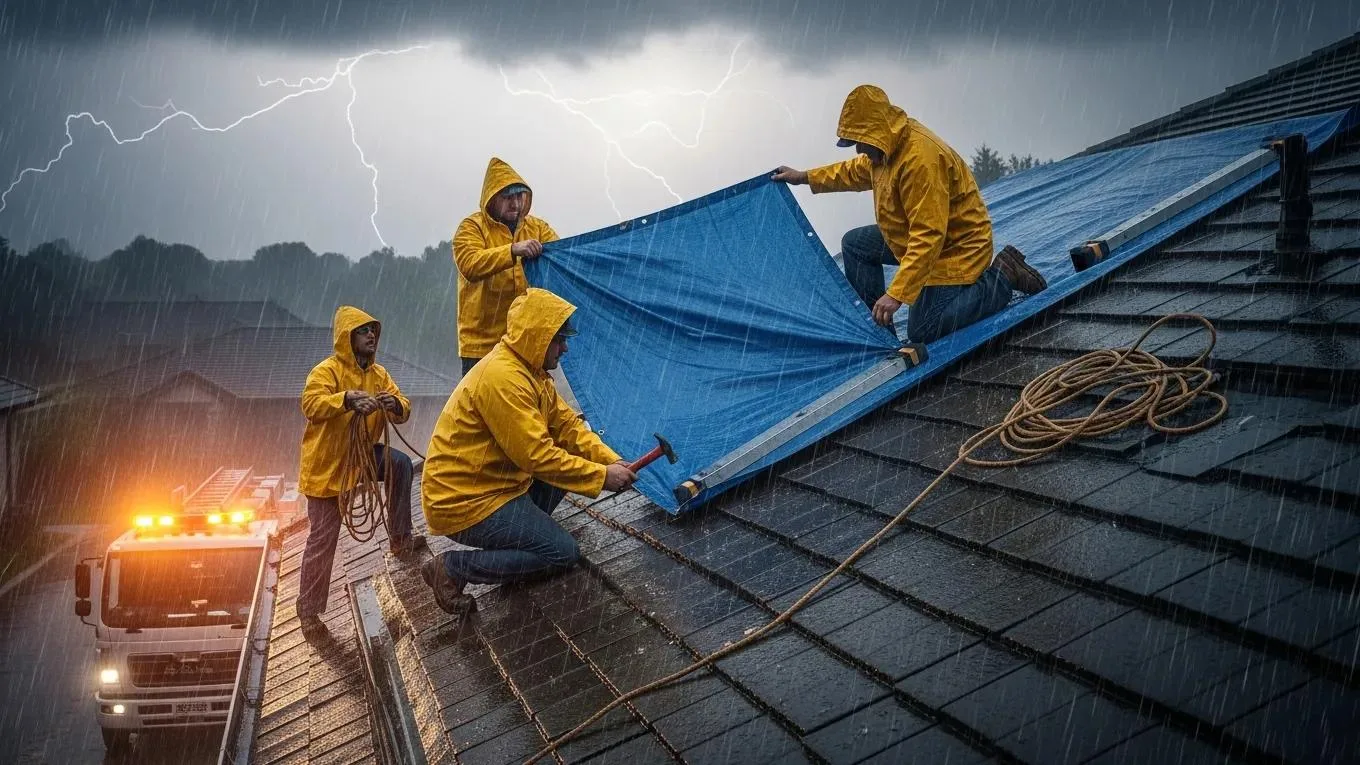 Roofing team applying tarps during a storm for emergency roof repair services, showcasing quick response to storm damage and protecting properties from leaks.